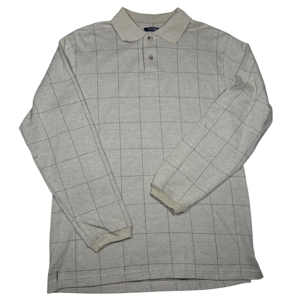Y2K Saddlebred Mens Long Sleeve Polo Shirt Tan Herringbone Windowpane Quick Dry